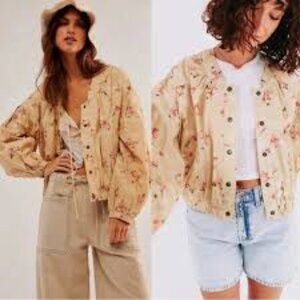 Free People Rory Anthropologie roses print beige pink bomber jacket size XS